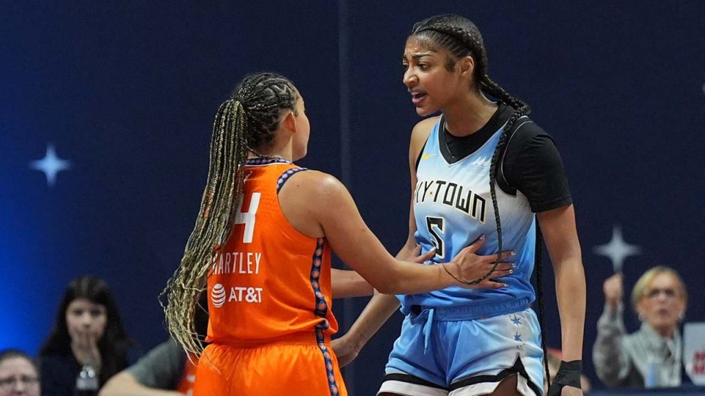 Angel Reese of Sky has a tense exchange with Sun players.