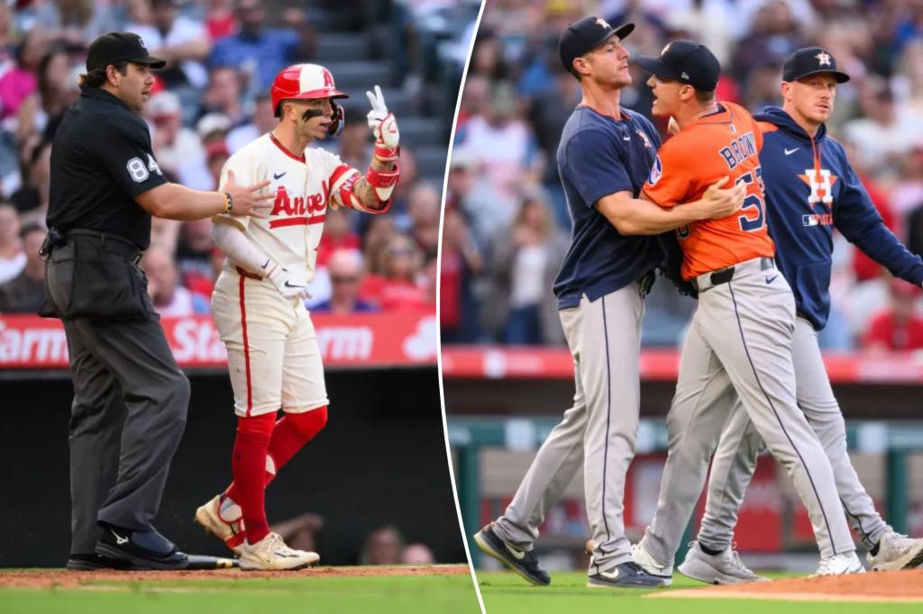 Angels and Astros empty dugouts in chaotic moment following hit by pitch