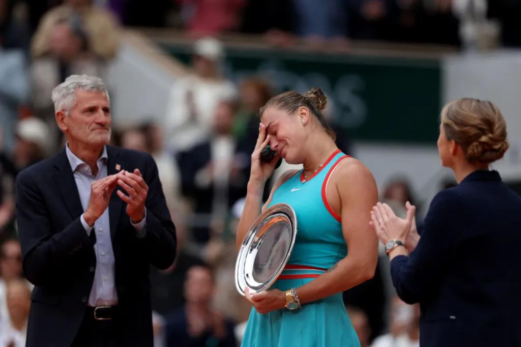 Aryna Sabalenka struggles to hold back tears following her defeat at the French Open