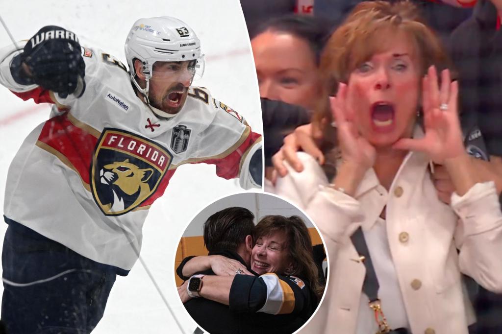 Brad Marchand's mother reacts excitedly after his impressive performance in Game 2 as a Panthers player gives a playful reply.