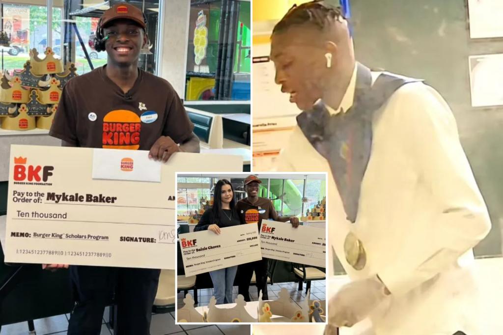 Burger King worker Mykale Baker, who hurried to his shift after graduating from a Georgia high school, received a $10,000 scholarship from the fast-food company.