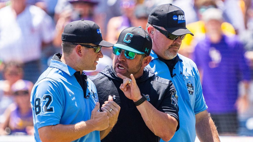 Coastal Carolina coach criticizes umpiring following ejection in Men's College World Series