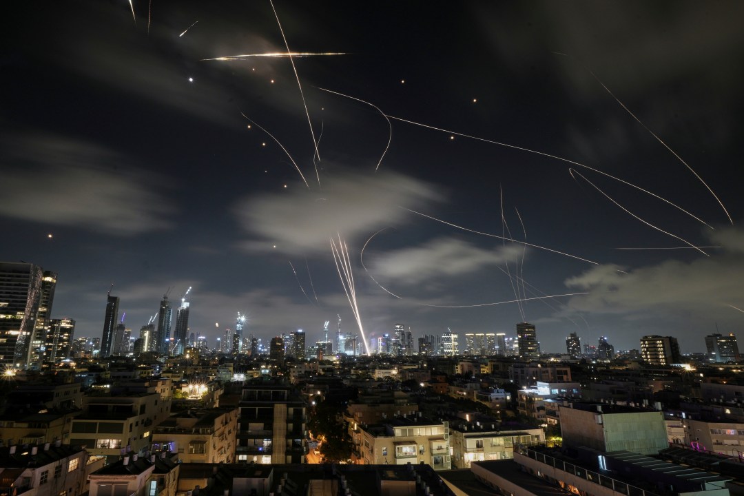 Israeli iron dome air defense system launches to intercept missiles