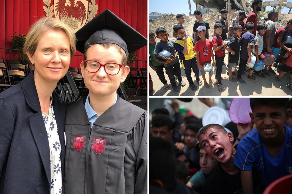 Cynthia Nixon mentions her son is on a 'hunger strike' in solidarity with Gaza.