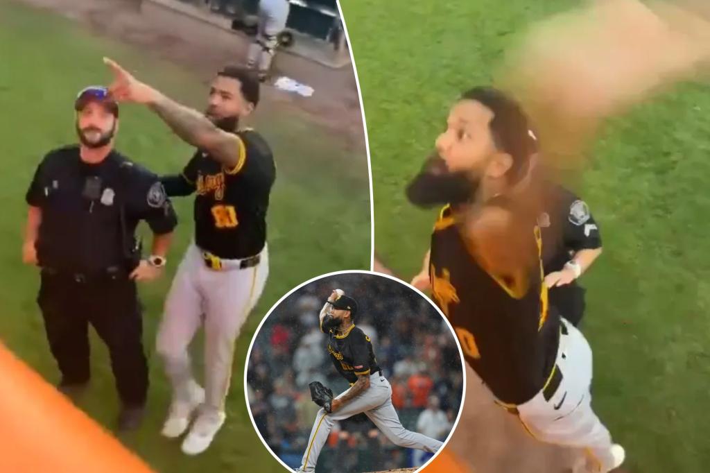 Dennis Santana of the Pirates gets into a confrontational incident with a fan in the bullpen