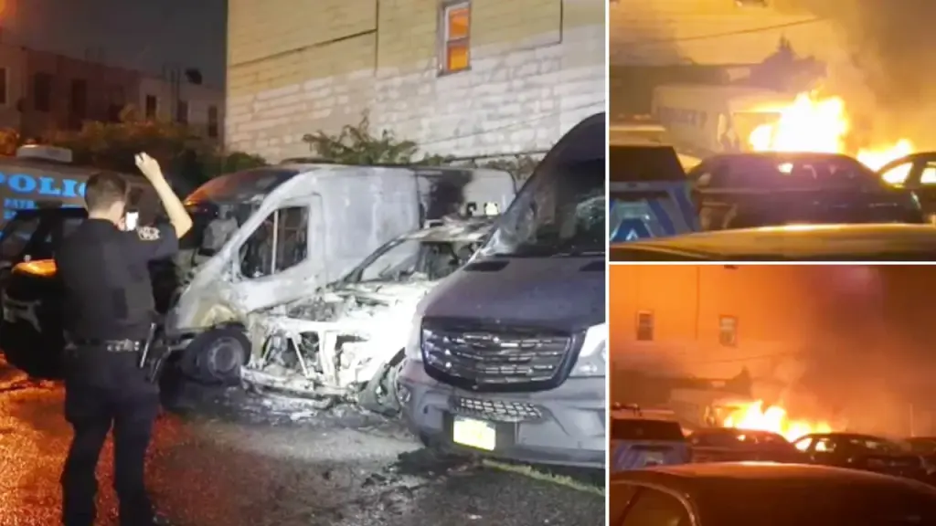 Eight police cars set on fire following an anti-ICE protest.