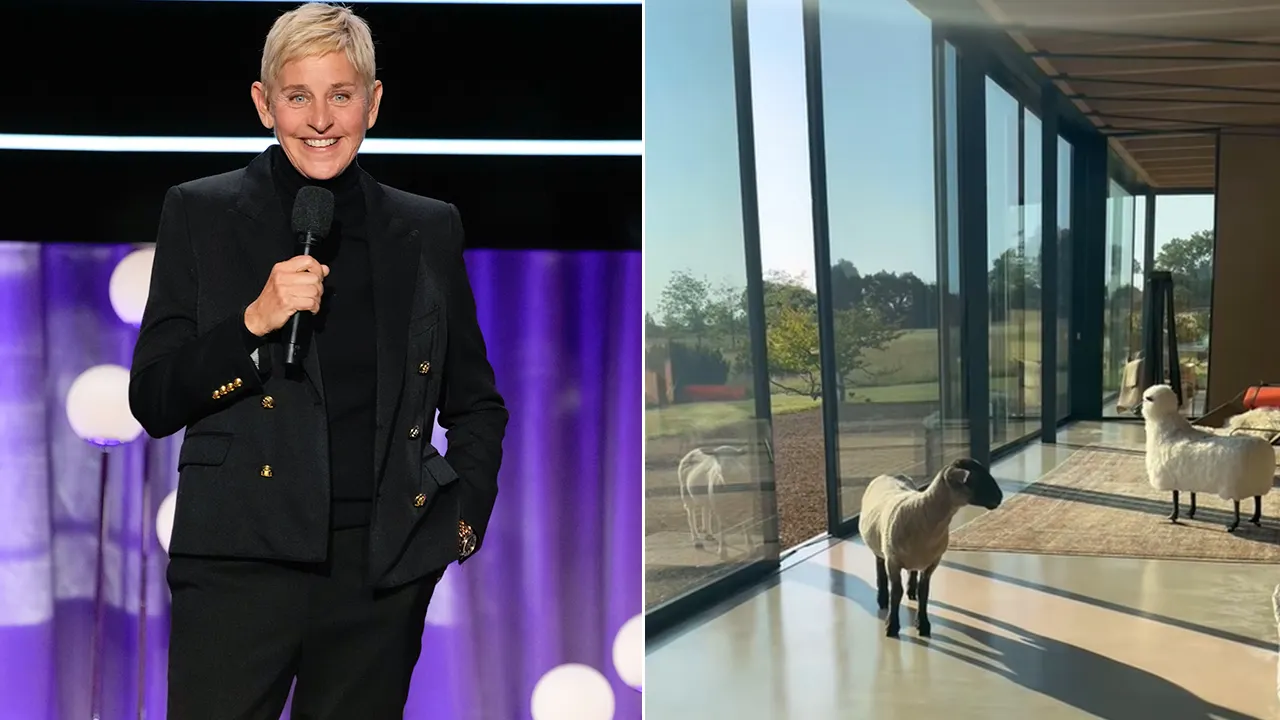 Ellen shares a glimpse of her home in the English countryside with sheep roaming around.