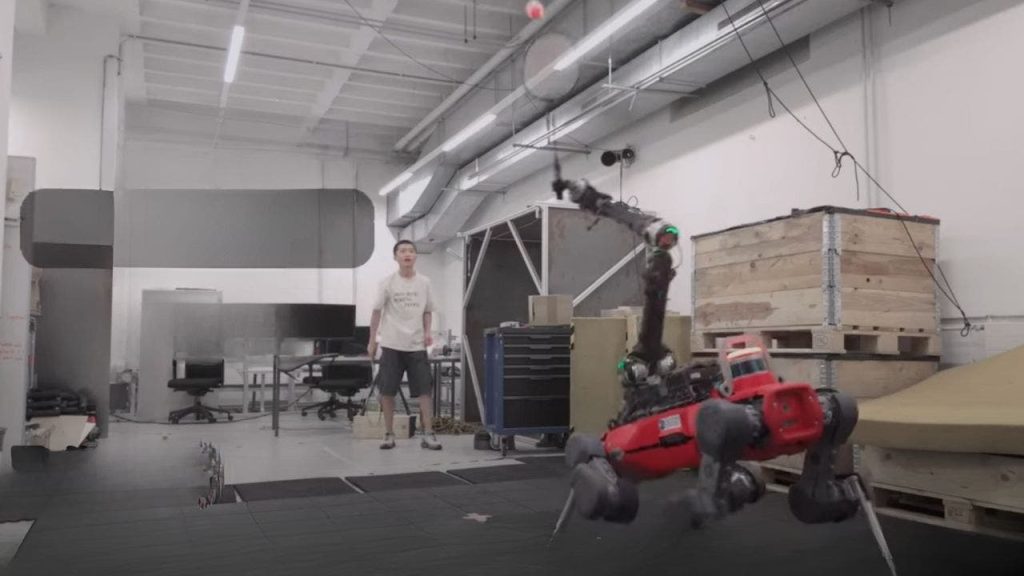 Four-legged robot ANYmal-D participates in badminton games with people through the use of AI technology