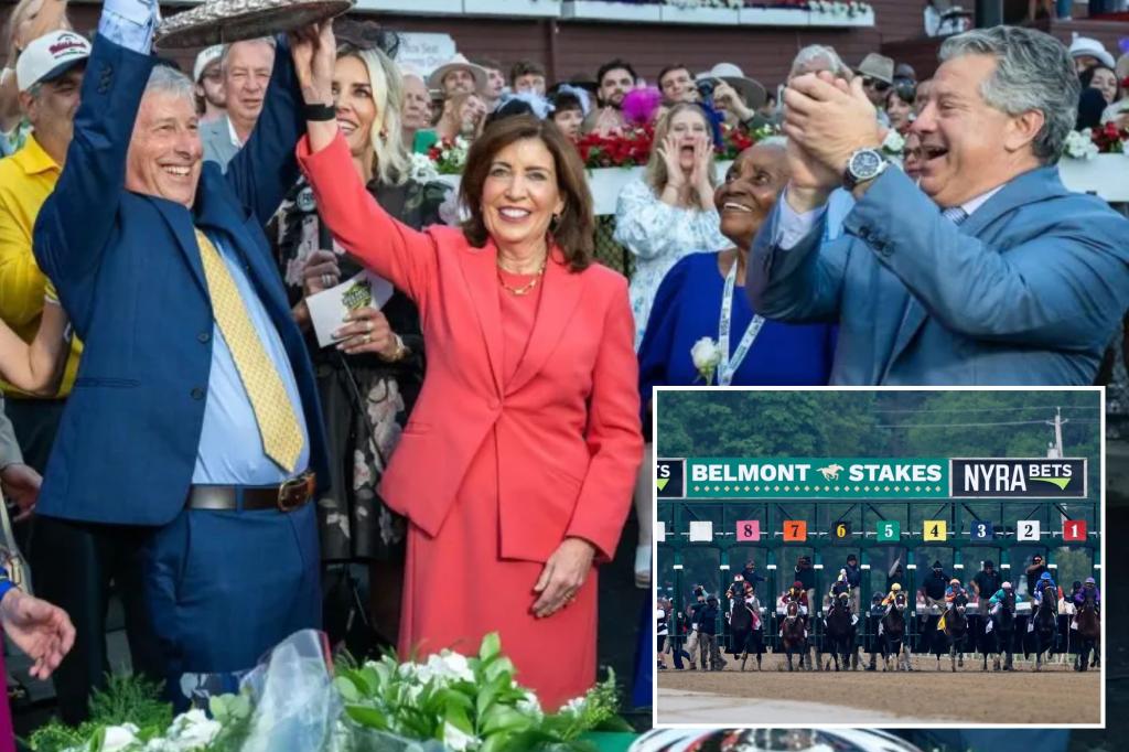 Hochul faced boos at Belmont Stakes during an uncomfortable moment while giving the winner's trophy: video