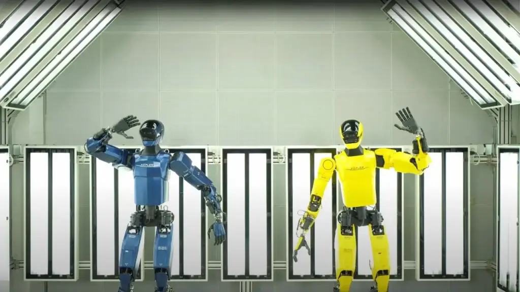 Humanoid robots manage quality inspections and assembly at a car manufacturing facility.