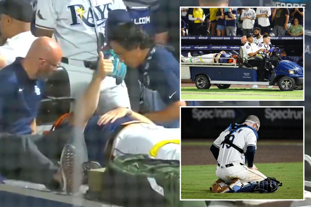 Hunter Bigge of the Rays taken off the field after being hit by a line drive