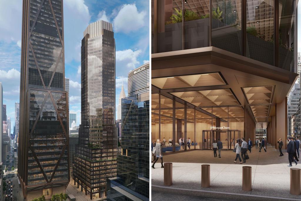 JPMorgan intends to enhance the dull tower beside its new Midtown headquarters — and here’s a first glimpse
