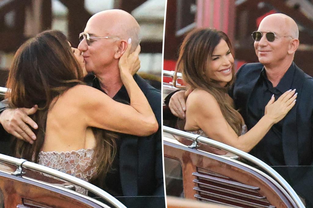 Jeff Bezos and Lauren Sánchez share a kiss to start their wedding afterparty.