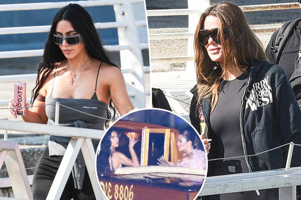Kim and Khloé Kardashian seen departing Venice following the $50M wedding of Jeff Bezos and Lauren Sánchez.