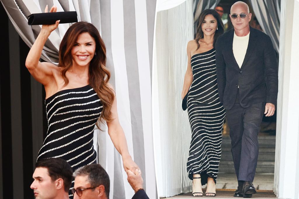 Lauren Sánchez shines in a striped dress at pre-wedding dinner with Jeff Bezos