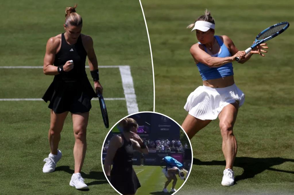 Maria Sakkari and Yulia Putintseva share a tense moment after their match ahead of Wimbledon.