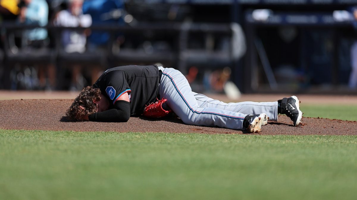 Marlins pitcher Ryan Weathers was struck in the head by a throw while warming up.