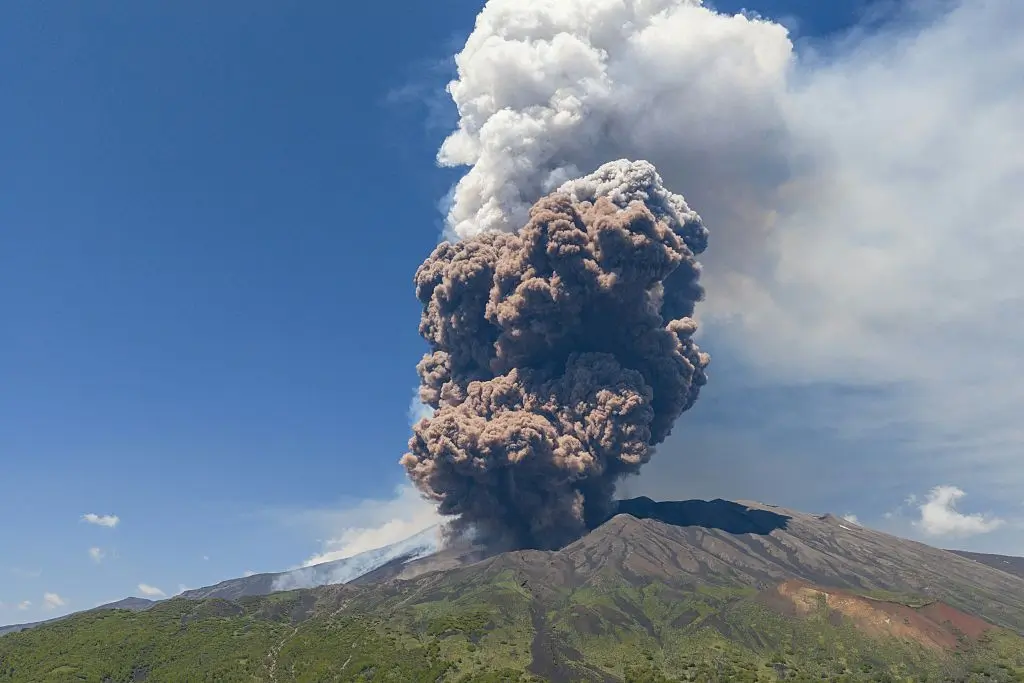 Mount Etna in Italy erupts dramatically, causing tourists to escape.