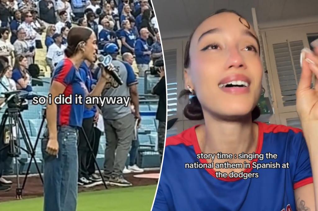 Nezza sings the national anthem in Spanish at a Dodgers game as a protest against ICE.