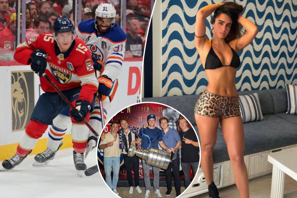 Panthers capture Anton Lundell's attempt alongside a model during Stanley Cup festivities