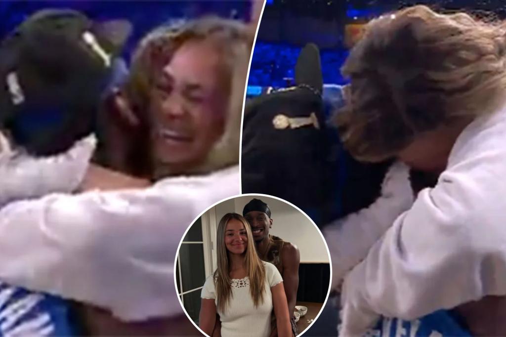 Shai Gilgeous-Alexander hugs his wife following the Thunder's victory in the NBA Finals