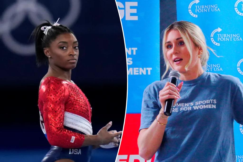 Simone Biles engages with Riley Gaines on social media about the debate on transgender athletes.