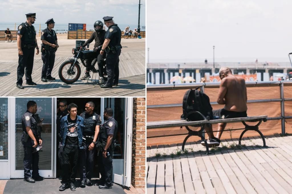 Standard police arrest NYC shoplifter as specialized team overlooks nearby drug users.