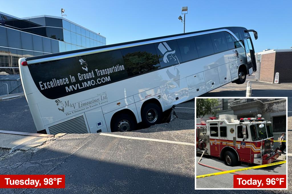 Strange images capture trucks sinking into NYC streets as a giant heat wave appears to 'melt' the pavement.