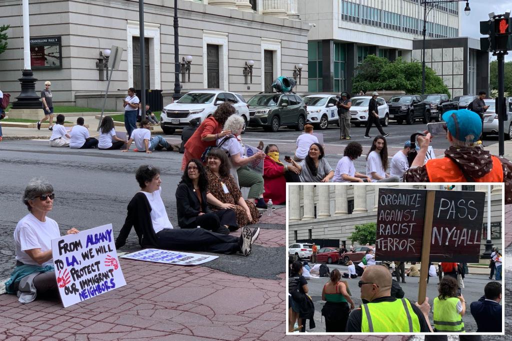 Supporters of sanctuary policies and activists stage a sit-in in Albany to advocate for a law limiting ICE's power.