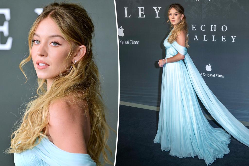 Sydney Sweeney looks like an ice princess in a blue Miu Miu dress at the London premiere of 'Echo Valley'