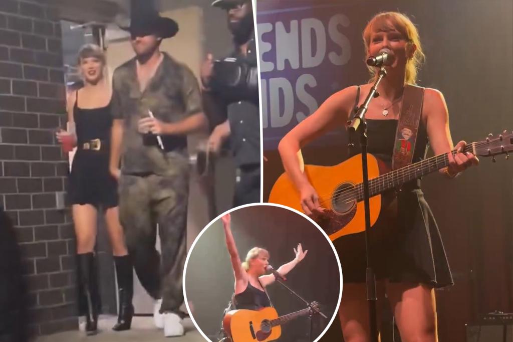 Taylor Swift takes the stage live for the first time after regaining her masters at Travis Kelce's concert in Nashville.