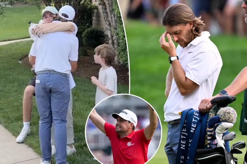 Tommy Fleetwood shares a heartfelt moment with his wife following a tough end to the Travelers Championship.