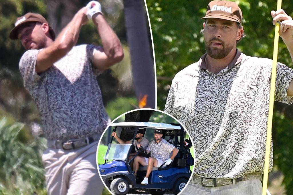 Travis Kelce plays golf with a friend at a Florida country club.
