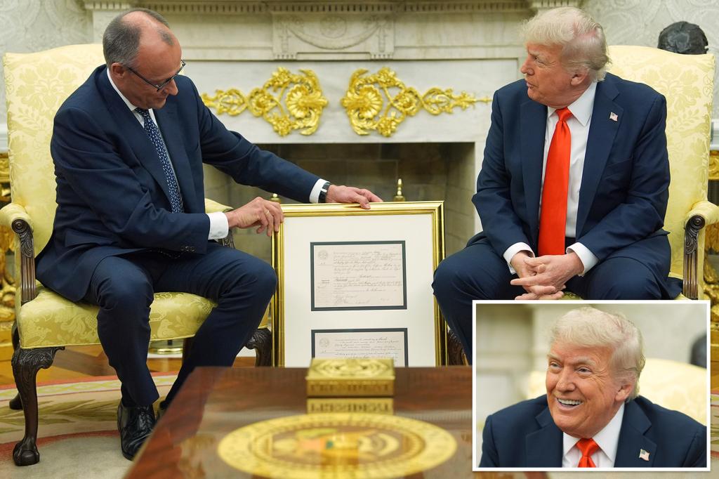 Trump received a gold-framed version of his grandfather's birth certificate from German Chancellor Friedrich Merz.