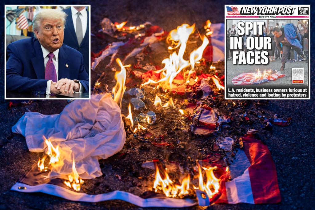 Trump suggests that those who burned flags during the LA riots deserve a year in prison and that Newsom could potentially face charges.