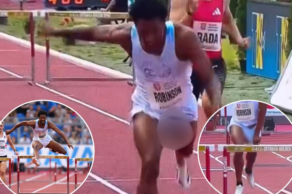 US sprinter Chris Robinson experiences surprising wardrobe issue but still comes out on top.