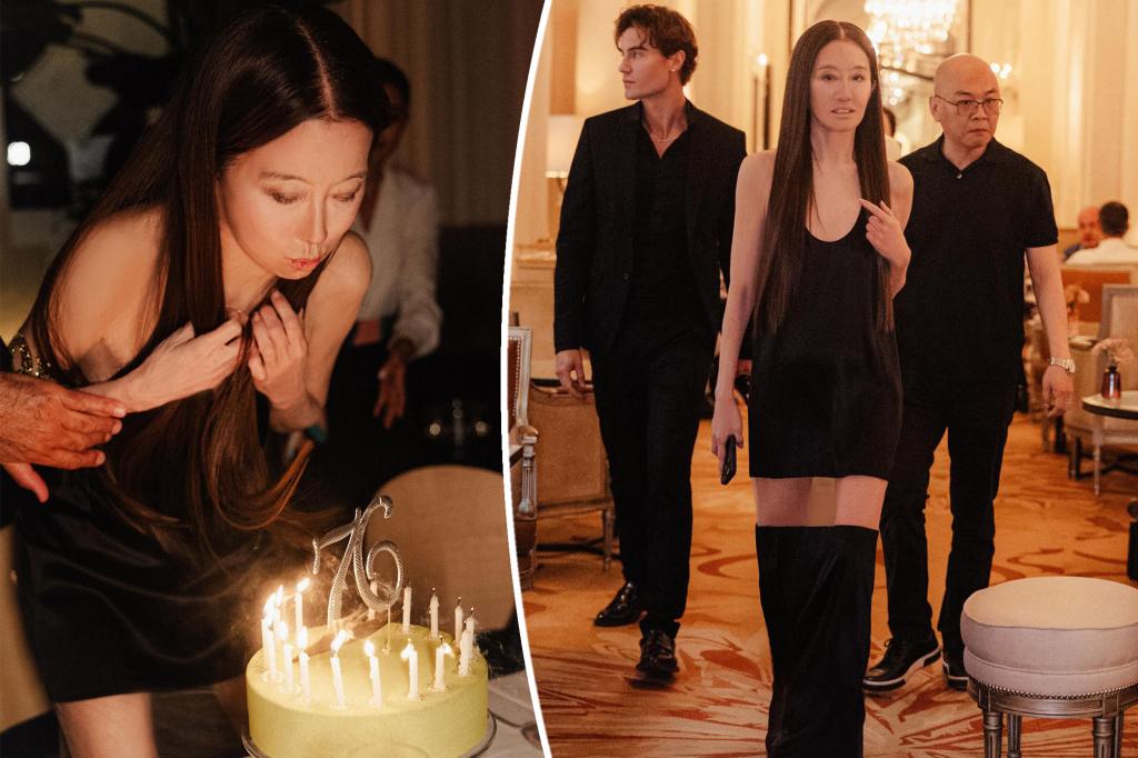 Vera Wang shows a glimpse of her thigh in a revealing dress for her 76th birthday