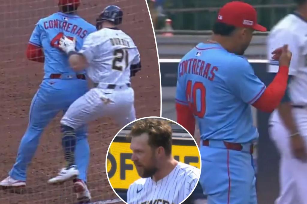 Willson Contreras from the Cardinals criticizes a Brewers player.