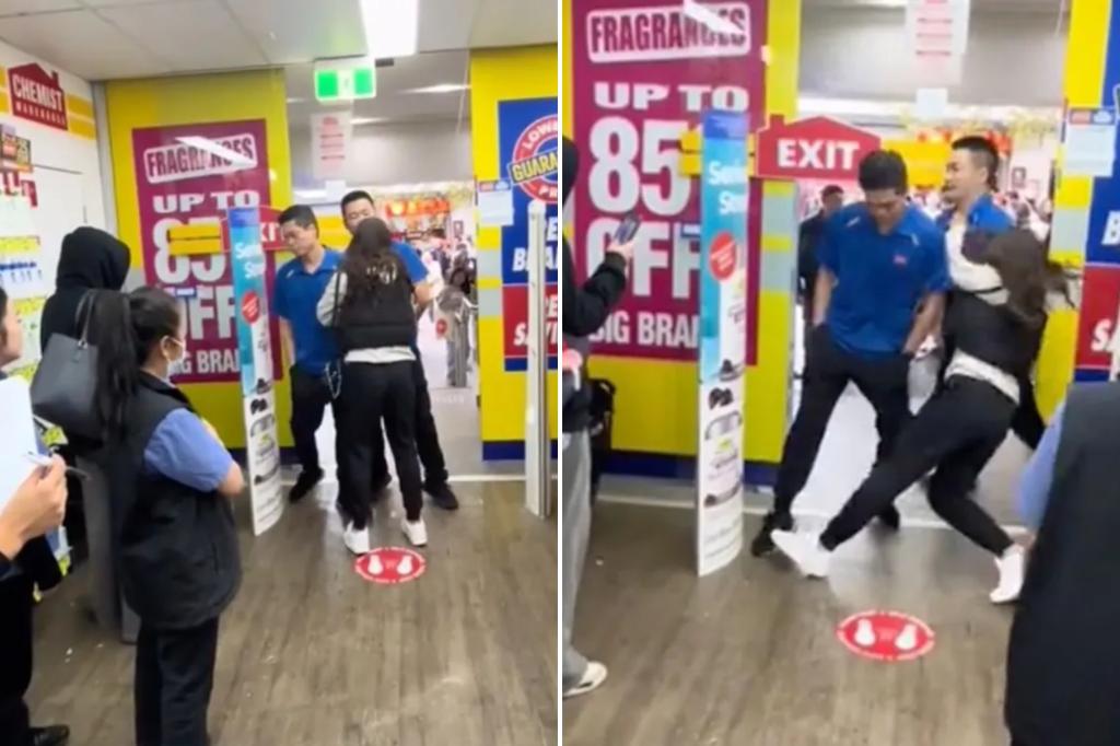 Workers confront suspected shoplifters attempting to escape the store in intense video