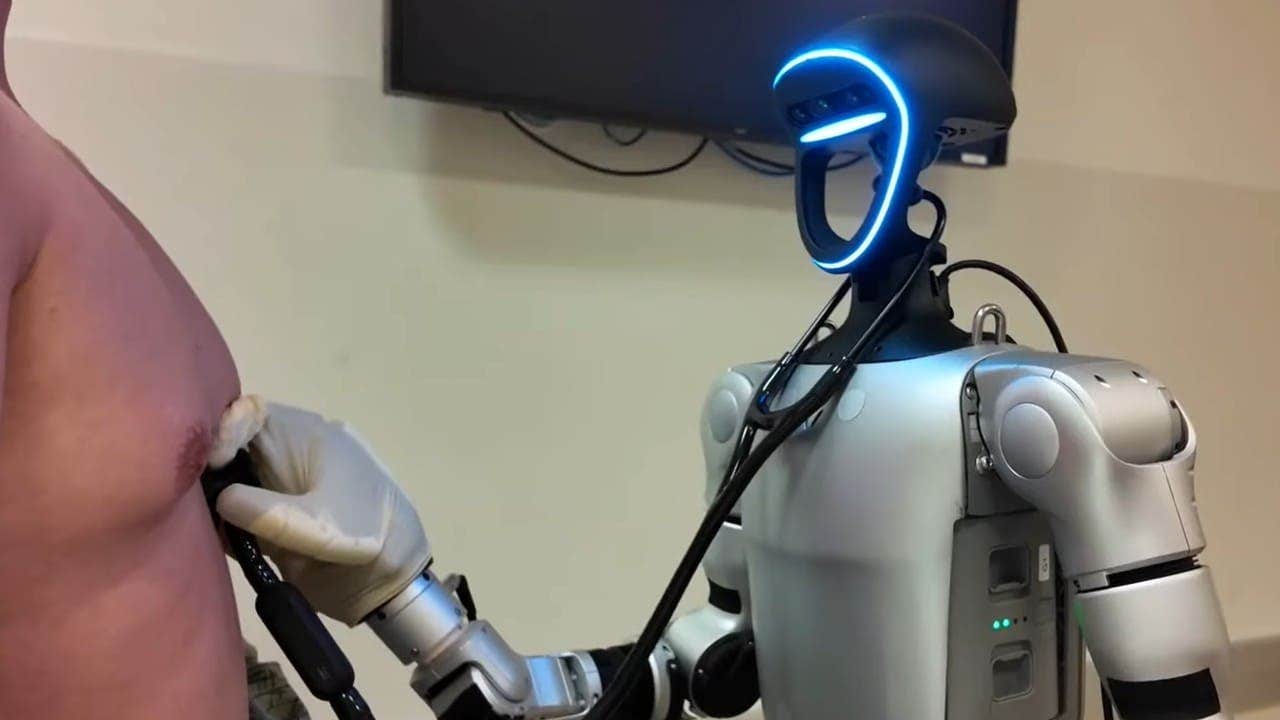 A humanoid robot carries out medical tasks using remote control