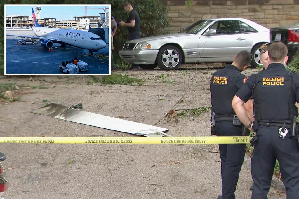 A part from a Delta airplane wing falls onto a driveway in North Carolina during flight.