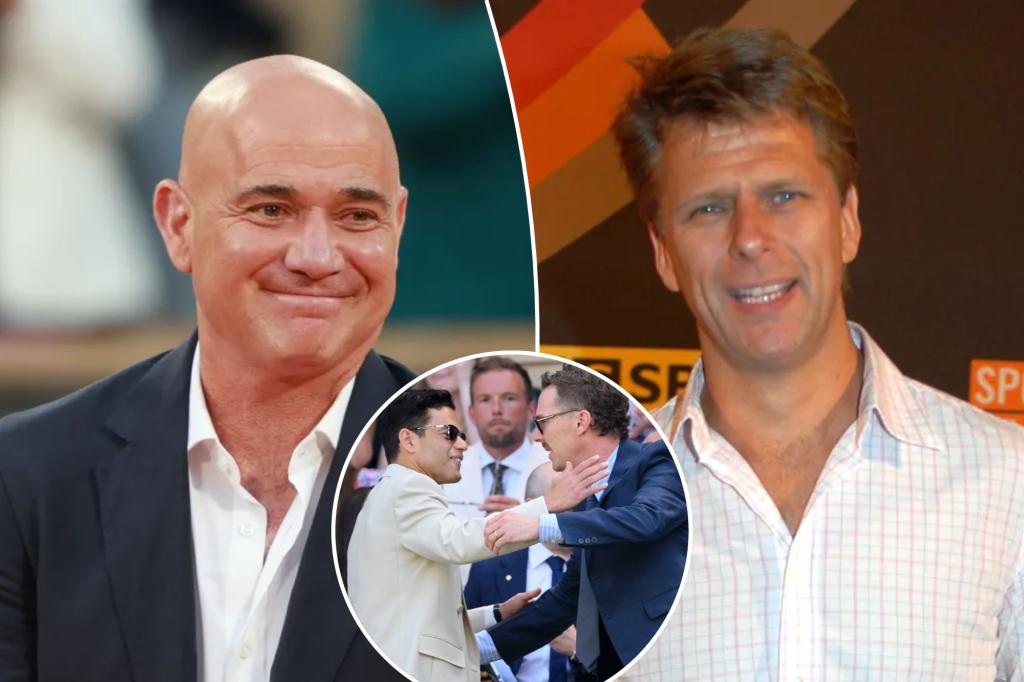 Andre Agassi reacts sharply to a commentator's questions about celebrities at Wimbledon