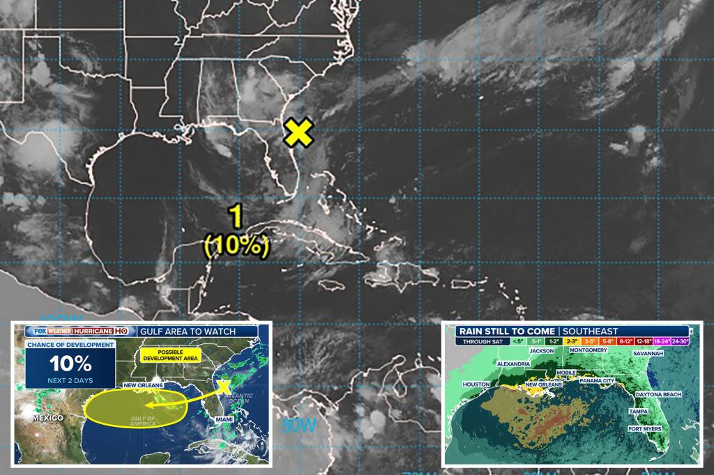 Area of interest highlighted for potential tropical development as system impacts Gulf Coast.