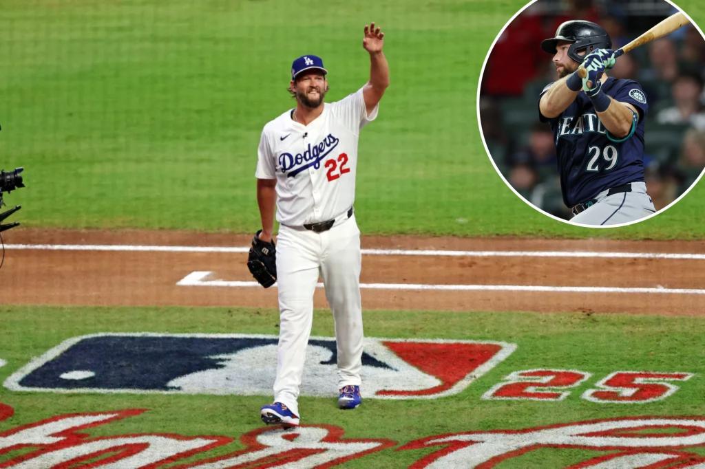 Clayton Kershaw jokes with Cal Raleigh after striking him out in the All-Star Game