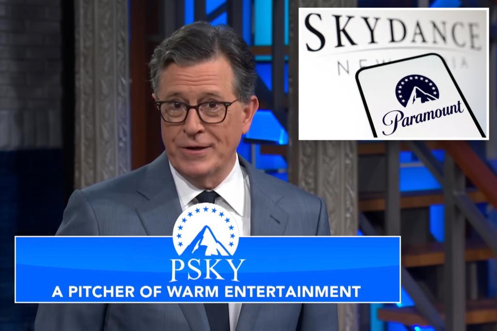 Colbert sarcastically ridicules the Paramount deal with a series of toilet humor jokes