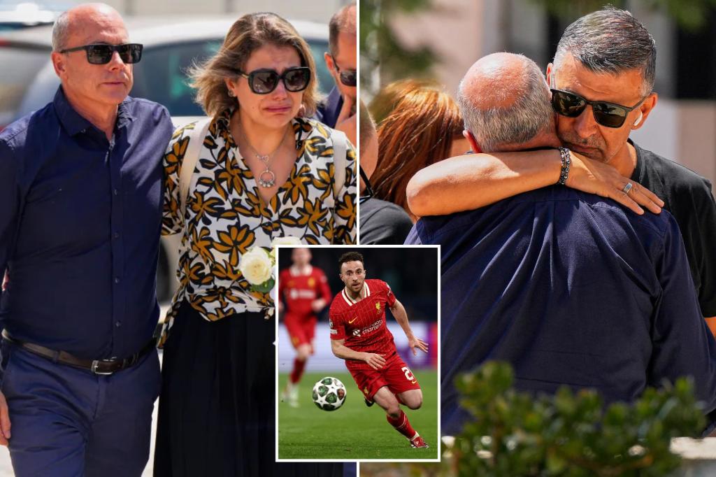 Diogo Jota's family comes together at a chapel in Portugal before the wake and funeral.