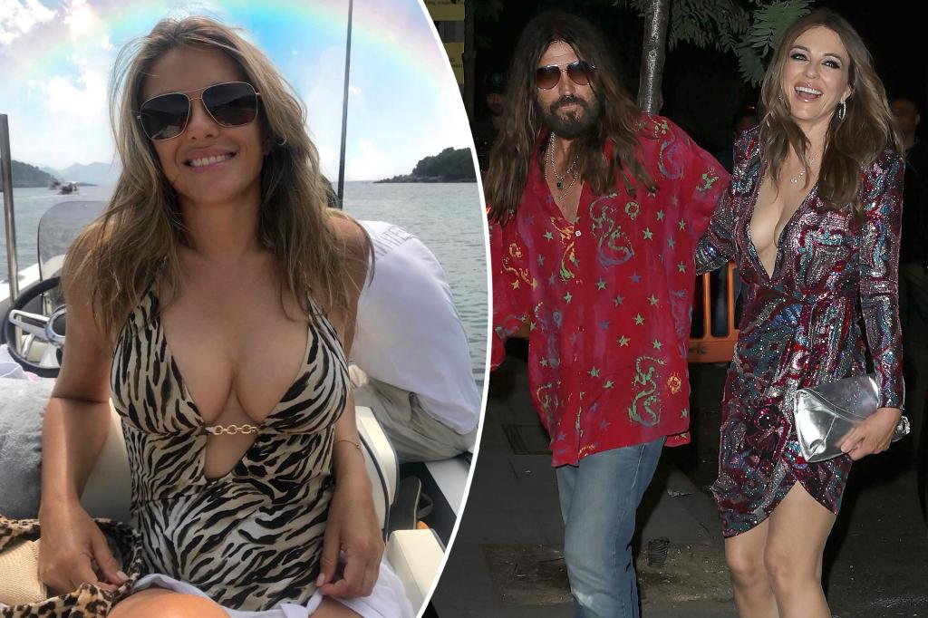 Elizabeth Hurley models a leopard print swimsuit and shares personal details about her relationship with Billy Ray Cyrus.