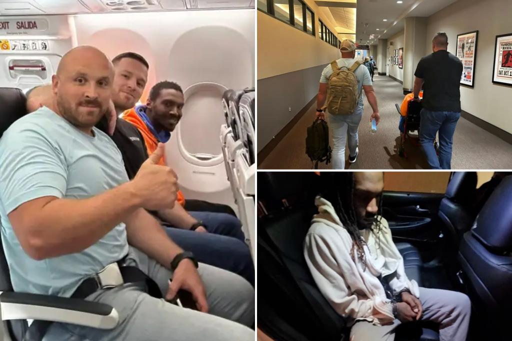 Fugitive Sedrick T. Stevenson takes a selfie with police while being escorted after a dramatic escape from the airport.