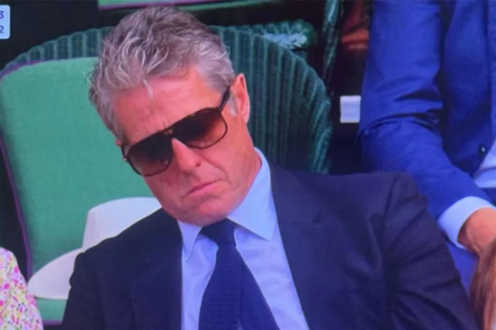 Hugh Grant appears to be sleeping during Djokovic's Wimbledon match.