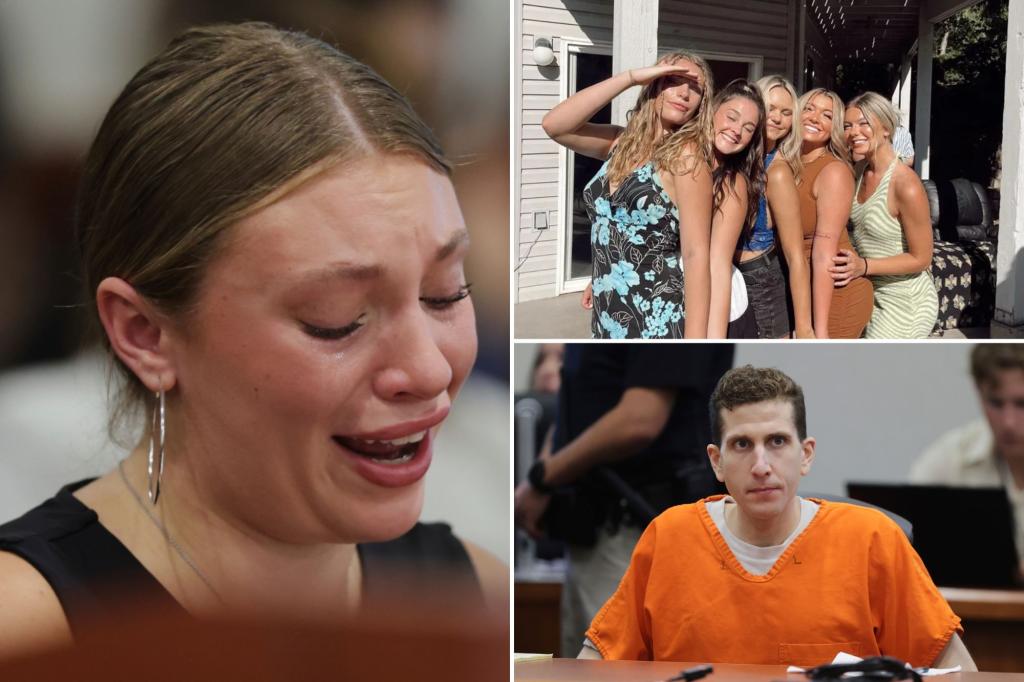 Idaho murder survivor Dylan Mortensen cries as she confronts Kohberger in court while he glares at her.